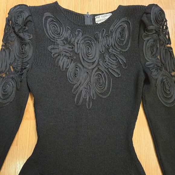 Vintage Pat Sandler Womens Black Knit Dress 8 Sheer Lace Embroidered Whimsigoth - Picture 1 of 11